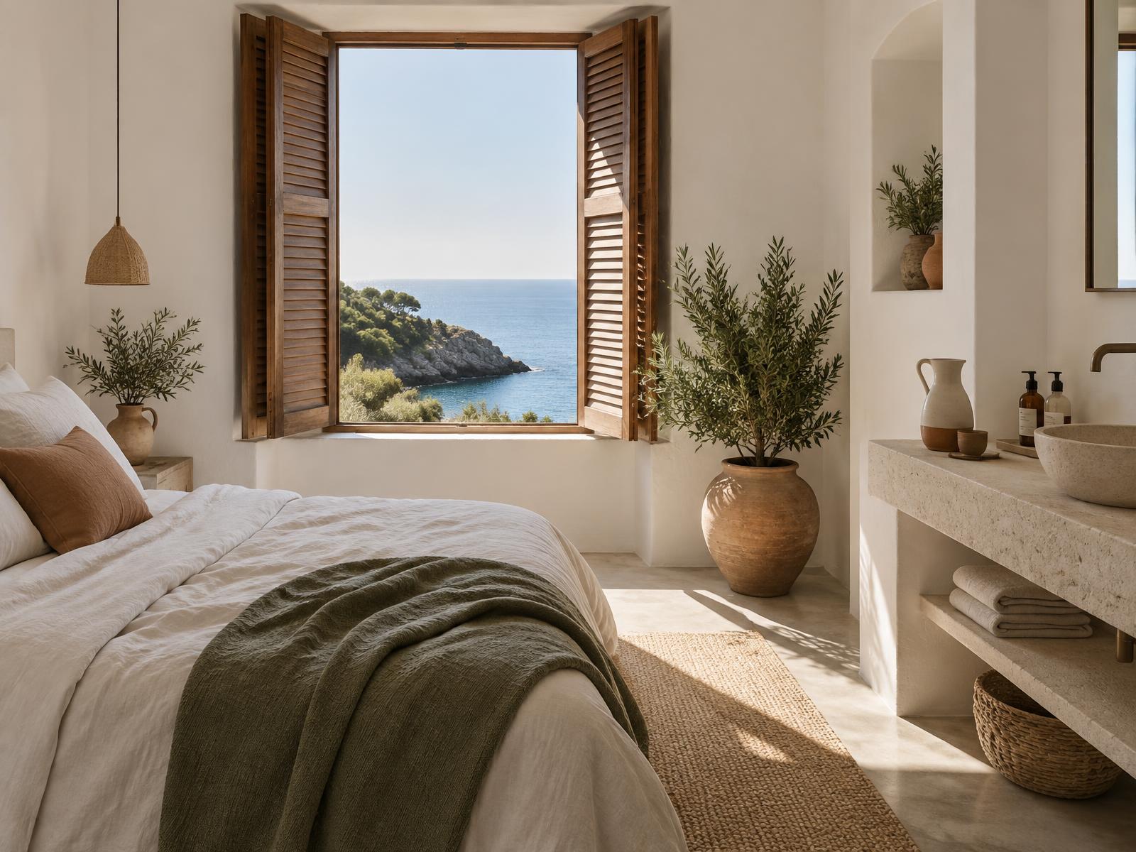 Sunlit coastal rental apartment with linen bedding, wooden shutters open to the sea and refillable amenities on a stone shelf