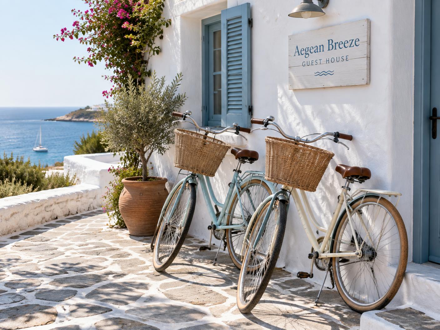 Rental bicycles with baskets leaning against a whitewashed coastal wall beside a guest house
