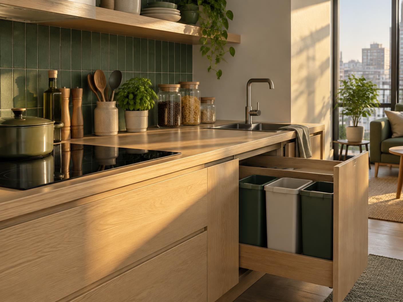 City studio rental kitchen with bulk storage jars, herbs and separated recycling bins